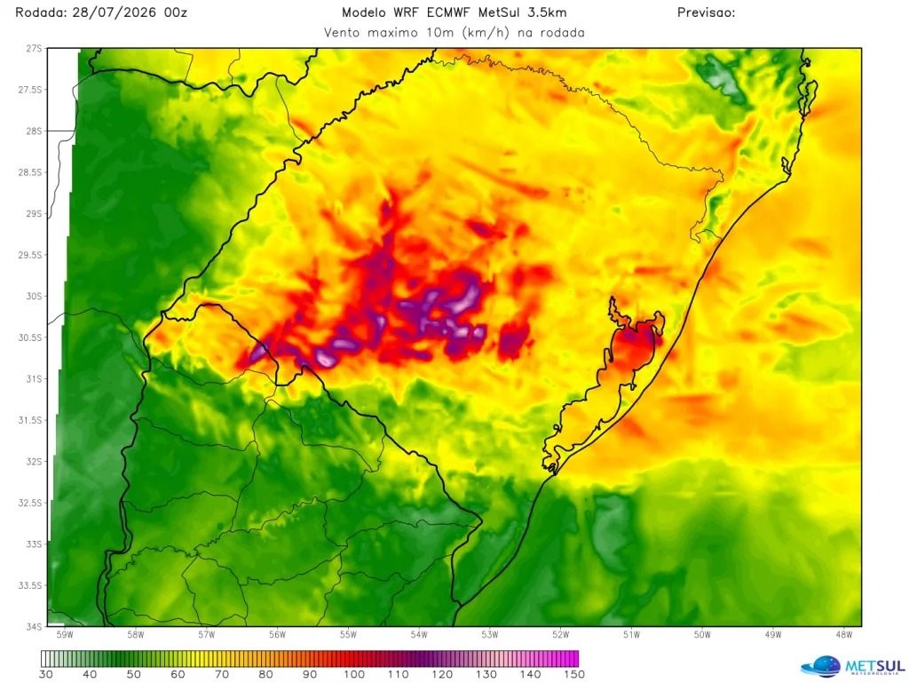 MetSul alerta para risco de temporais severos na Fronteira Oeste entre esta terça e quarta-feira
